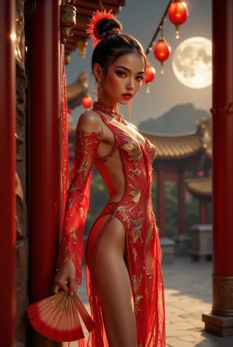 A skinny Chinese woman, 18 years old, with an extremely thin body and fragile and delicate appearance.  She has a very small bust , a thin waist and thin legs, with a pronounced gap between the thighs. Your face is delicate, with soft lines and intriguing ...