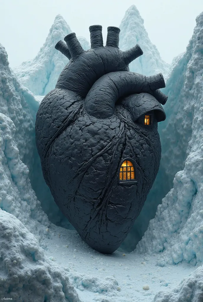 A house in the shape of a black heart a house should be made entirely of a heart there must be a door, windows are like an ordinary house but only from the heart , under the iceberg 