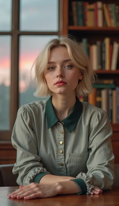 "A young woman with short blonde hair and fair skin sits at a wooden table in a classic library setting. She wears a light gray blouse with a dark green collar and buttons. Her expression is calm and focused, with her hands gently resting on the table. Beh...