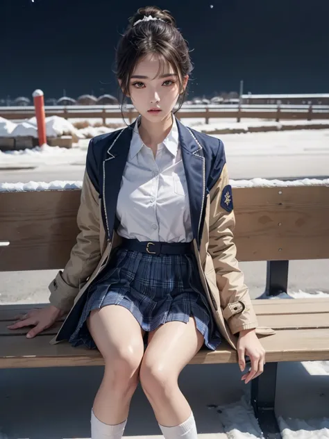 1girl, Japanese woman, Black Hair, (High Top Fade:1.3), Dark Theme, Calm tone, Calm colors, High Contrast, (Natural skin texture, Soft Light, sharp), Night Sky, full body:1.8, (( school uniform, Winter uniform, long sleeve, ((coat)), White shirt, ((navy ja...