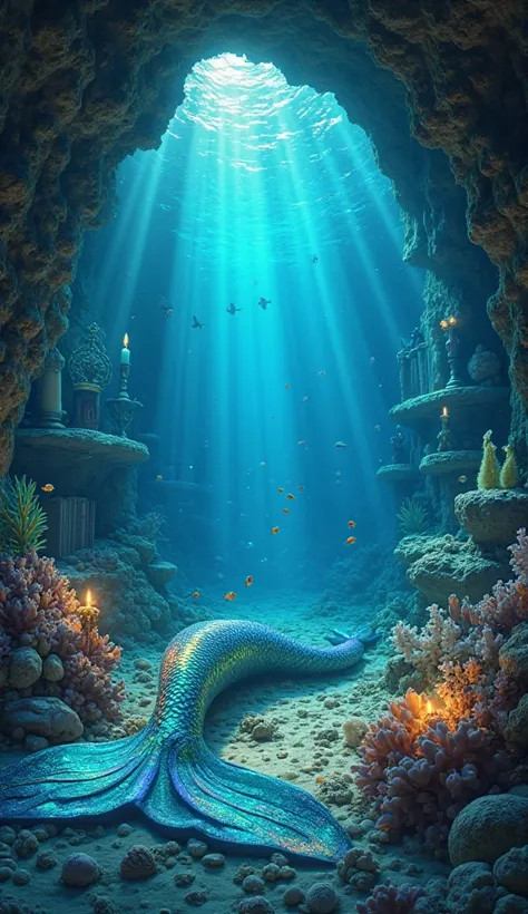 A first-person perspective of waking up underwater in Ariel’s secret grotto, bathed in ethereal blue light. Your vision is slightly blurred by the gentle movement of the water, and as you adjust, sunlight filters through cracks in the rock above, casting g...