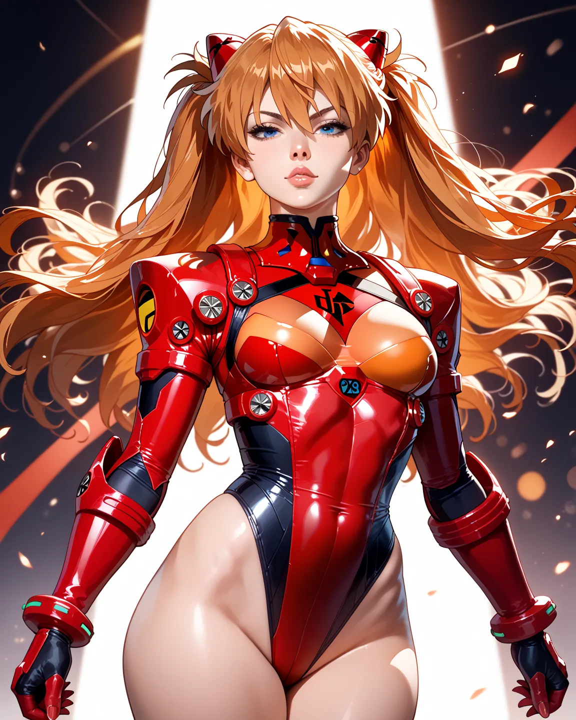 standing, asuka langley sohryu( narrowed eyes, closed mouth, wide pelvic, wide hips, big ass, leotard), front view