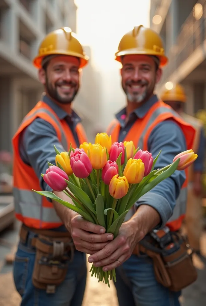 Builders wearing helmets smile and give tulips 