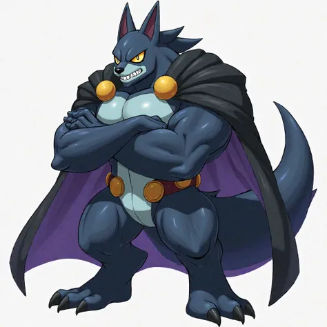 (Pokémon) Lucario's giant. big muscle. pecs, triceps, traps, waist narrow.
body full of muscles. bulge in the crotch, He wears a black cloak on his back. The cloak is so long that it touches the ground, crossed arms. The claws are sharp,
Sharp teeth, Prote...