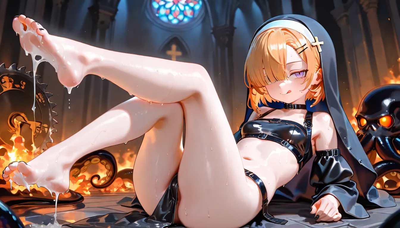 1girl, lavender eyes, jitome(0.5), Orange Blonde hair, straight short bob hair cut, Asymmetrical bangs, Bangs that cover one eye, culry hair, flat Breast, black clothes, cropped top, dark nun,  black octopus, flaming black giant octopus, black heavy tantac...