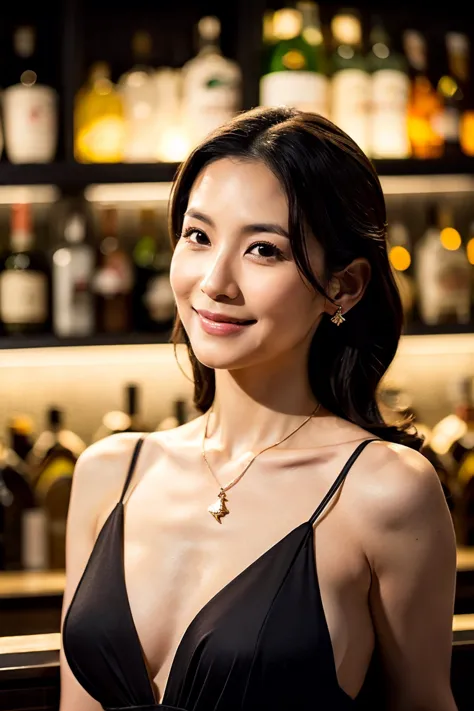 A sexy 35-year-old Japanese woman with an alluring gaze and a soft, teasing smile. Her long, wavy black hair cascades over her shoulders, with one strand gently tucked behind her ear. She wears a form-fitting black satin dress with a subtle slit, revealing...