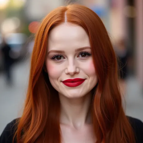  She's a beautiful young woman  (( Madelaine Petsch ), I am 26 years old, a dark red shade, big,  perfect and shiny brown eyes , thin casual wear lipstick with a discreet smile, red lipstick,  casual wear, And long straight hair, street carnival background...