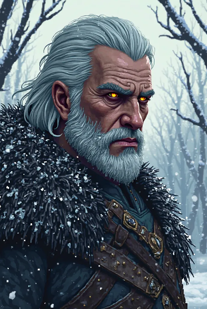 Geralt with angry face in winter background. Pixel art style