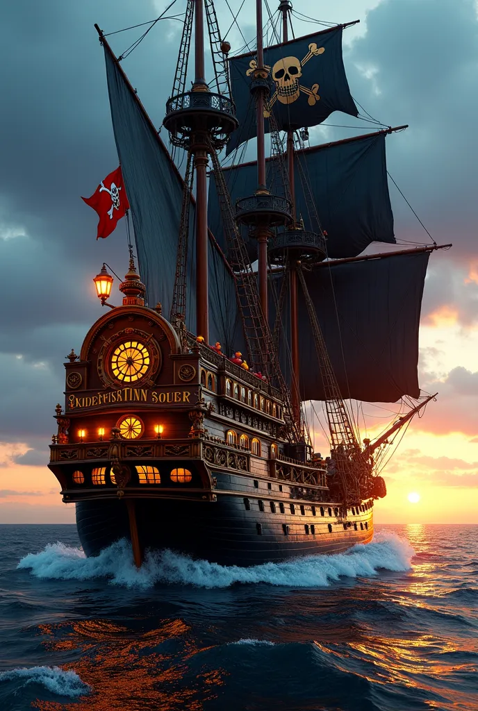 Prompt ultra détaillé et hyper-réaliste pour un bateau de croisière pirate

**“A breathtaking, ultra-realistic pirate-themed cruise ship sailing across a vast, deep blue ocean under a dramatic sunset sky. The entire ship is a colossal fusion of an 18th-cen...