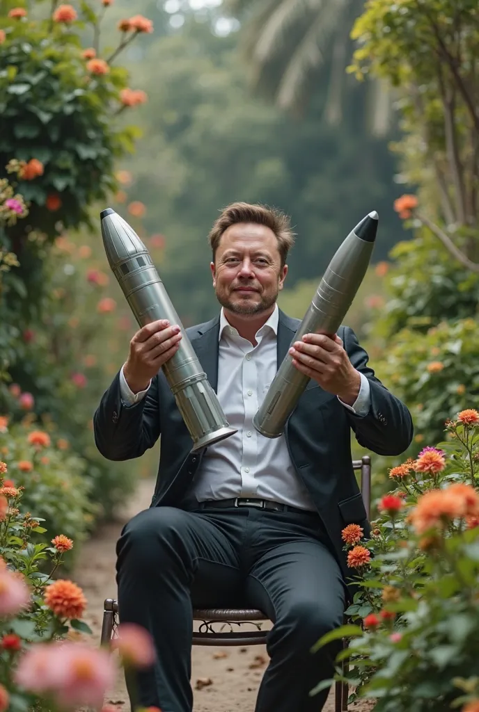 Elon Musk playing with missiles in the garden 
