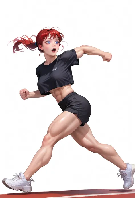 ((White background)) ((Korean girl)) ((1girl)) , (solo girl) ,24 years old, rathing_questionable  Sharp face , detailed eyes, (Red hair tied in a ponytail) blue eyes, (Black crop top tank:1.3), white sneakers ,(Black shorts:1.2)  (under boob:0.8), ((muscul...