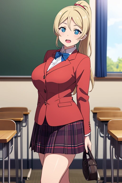 Love Live, Eri Ayase, drawing from the anime Love Live, one person, standing, front view, blond hair, high ponytail, bangs parted 6:4 left to right, large eyes, droopy eyes, large dark eyes with light blue pupils, egg-shaped face, slightly open mouth, larg...