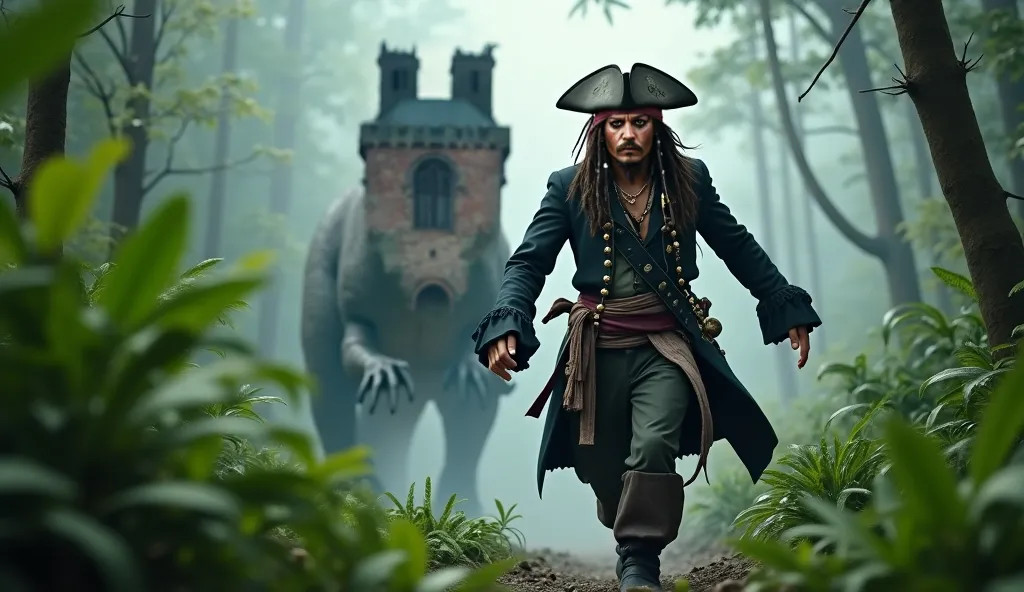 Cinematic, real depiction of human body, the photorealistic closeup image of Captain Jack Sparrow (Johnny Depp), running in the dense jungle, surrounded by mist. Behind him, a massive dinosaur trying to bite him 
