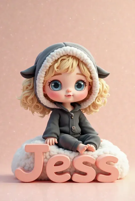  Girl with curly light blonde hair  ,  fair skin and blue eyes  .  Wearing hooded sheep black pajamas ñompodo.  The girl is sitting on a 3D sign that says' Jess',  with rounded letters and soft colors that match the pajamas, In chibi style.   The sign has ...