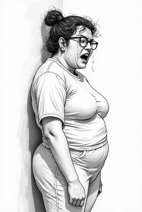 A realistic black and white digital illustration of a transgender man with a slightly overweight physique, shown in profile. He wears casual sportswear, including a binder. His face is round with a soft jawline, and he has shoulder-length curly hair tied u...