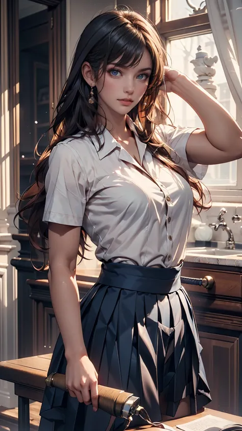 (Very Detached CG:1.2), (masterpiece:1.2), (Highest quality:1.2),,((Absard dress)),viewers after shaving armpit hair,full body, ,(1 girl),Alone,(long hair),(Masayom uniform),( white shirt short sleeve ),(navy_blue pleated skirt),(long skirts),Dynamic Angle...