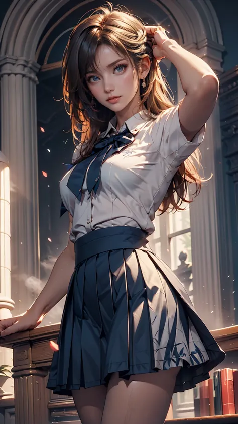 (Very Detached CG:1.2), (masterpiece:1.2), (Highest quality:1.2),,((Absard dress)),viewers after shaving armpit hair,full body, ,(1 girl),Alone,(long hair),(Masayom uniform),( white shirt short sleeve ),(navy_blue pleated skirt),(long skirts),Dynamic Angle...