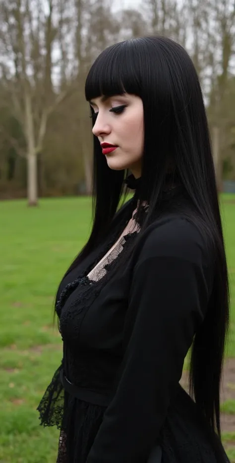 Rory Mercuty,high resolution, Best quality, HD model, high detail, high quality, full frame, full length , full height,  gothic style, black hair, straight hair, Breasts, makeup, scarlet lips, Park,  walking in the park , posing in the park 