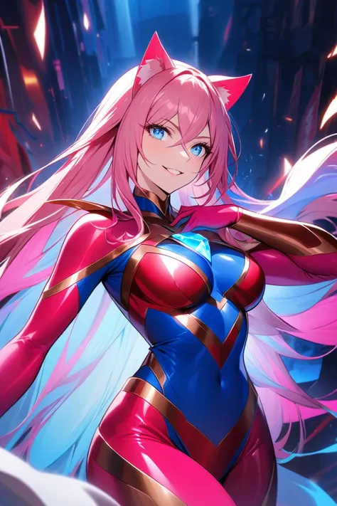 Ultrawoman (the blue gem on her chest is the Color Timer) (the Blue and Red Superheroine body suit) Long Hair, Pink Hair, Breasts, Smile, Blue Eyes, Cat Ears