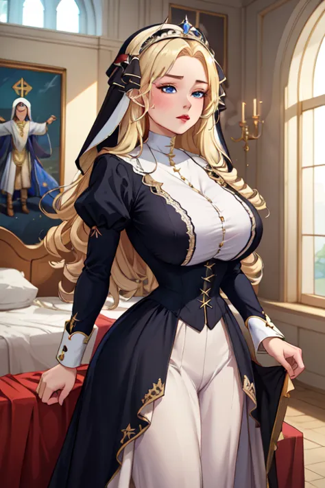 (masterpiece, best quality, absurdres, 4k, aesthetic, detailed, intricate),1girl,nikkecrwn,tiara, hair ribbon, long blonde drill hair, drill locks, Oppulent historically accurate victorian dress,  black and white nun's clothes
