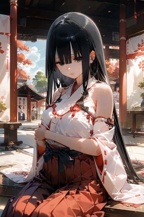  girls on the left,(( black hair,long hair,Bangs all the way to the eyes,straight hair, shrine maiden costume,Hakama,Sit upright,Place the sword in front,))、background,(( dojo, dojoの中,))、