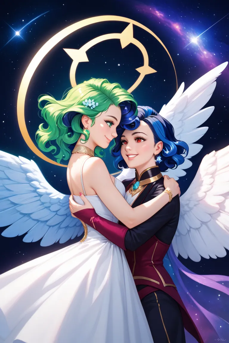 woman、Green Hair、red eyes、smile、 Angel Wings、 golden halo、white dress、Stand upright、 Cosmic Space、Milky Way in the background