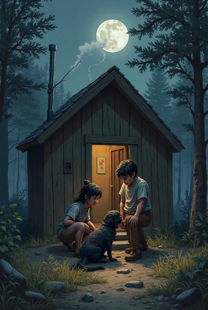 Paint a picture of a black-haired man and a black-haired woman helping a wounded black dog at the door of a small wooden house with a smoking chimney in the forest at night.