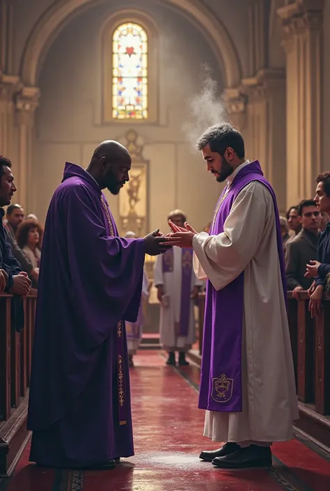 On the occasion of the month of Lent, I want an illustration of a black priest and a black  putting ashes on a 's head and clearly visible.. 
With the priest in white dawn and purple tunic from Lent in a church with people in line