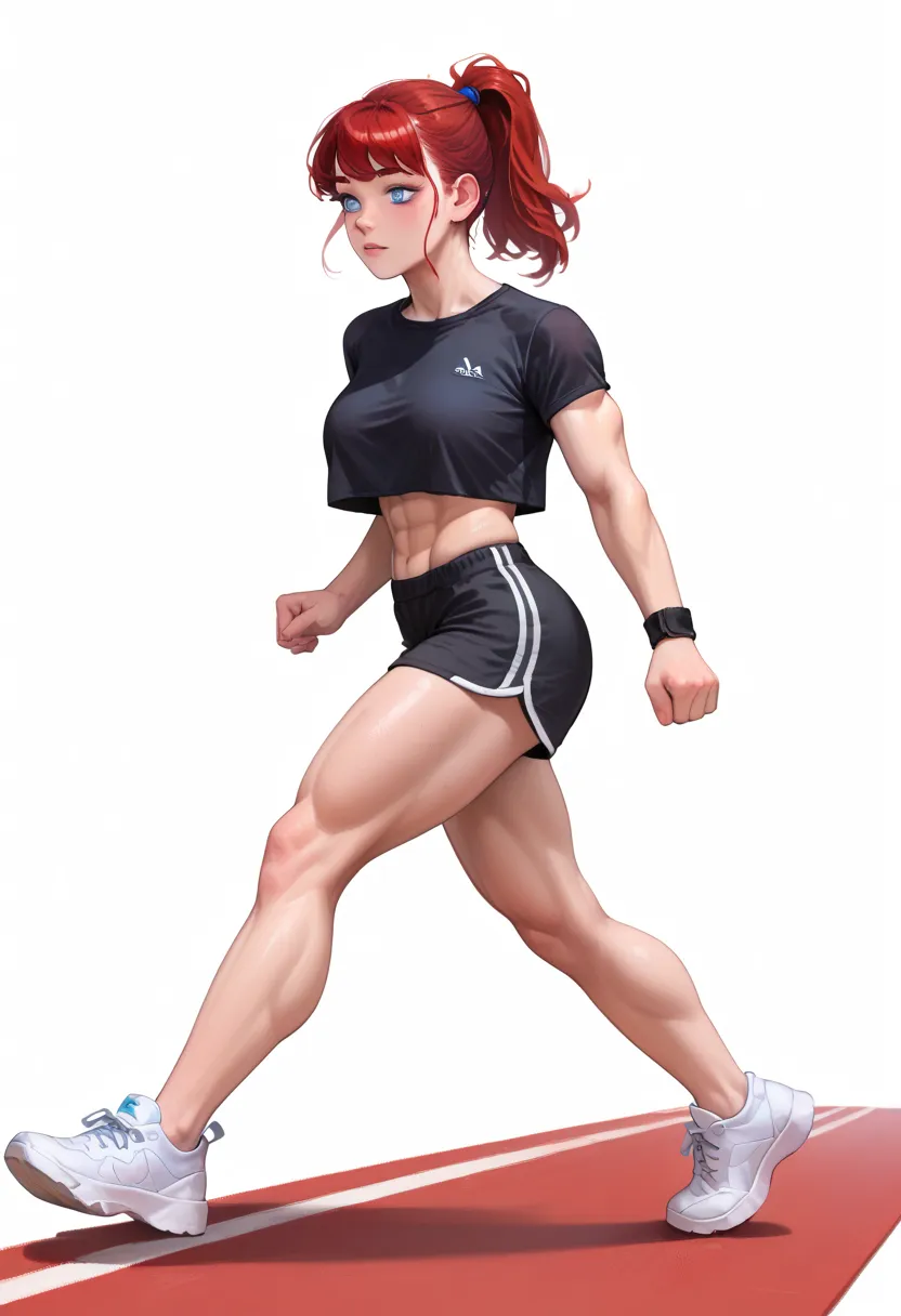 ((White background)) ((Korean girl)) ((1girl)) , (solo girl) ,24 years old, rathing_questionable , detailed eyes, (Red hair tied in a ponytail) blue eyes, (Black crop top tank:1.3), white sneakers ,(Black shorts:1.2)  (under boob:0.8), ((muscular:0.3)) ((b...