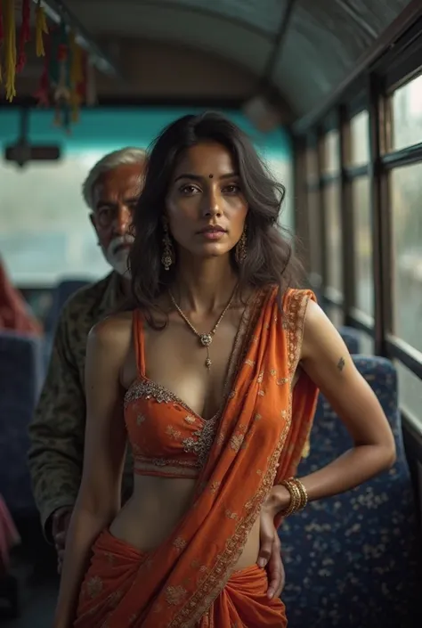 Realistic photo of a Beautiful Indian Woman with white Skin, Wearing a low cut (any colour)saree without blouse navel exposed and is inside a bus and there's a old man behind her his one hand is holding her waist in dim light