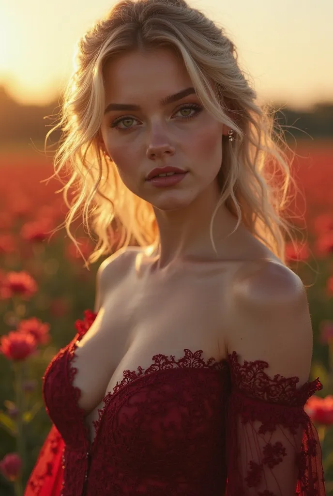 Focus on cleavage,small breasts,Piercing eyes,burgandy filigree dress,field of flowers at sunset, lens flare,,Natalie dormer, Ethereal,Portrait,Closeup, portrait,girl posing,Closeup candid photo,Hailee steinfeld  and Maddison beer ,,Closeup,Young ,Voluptuo...