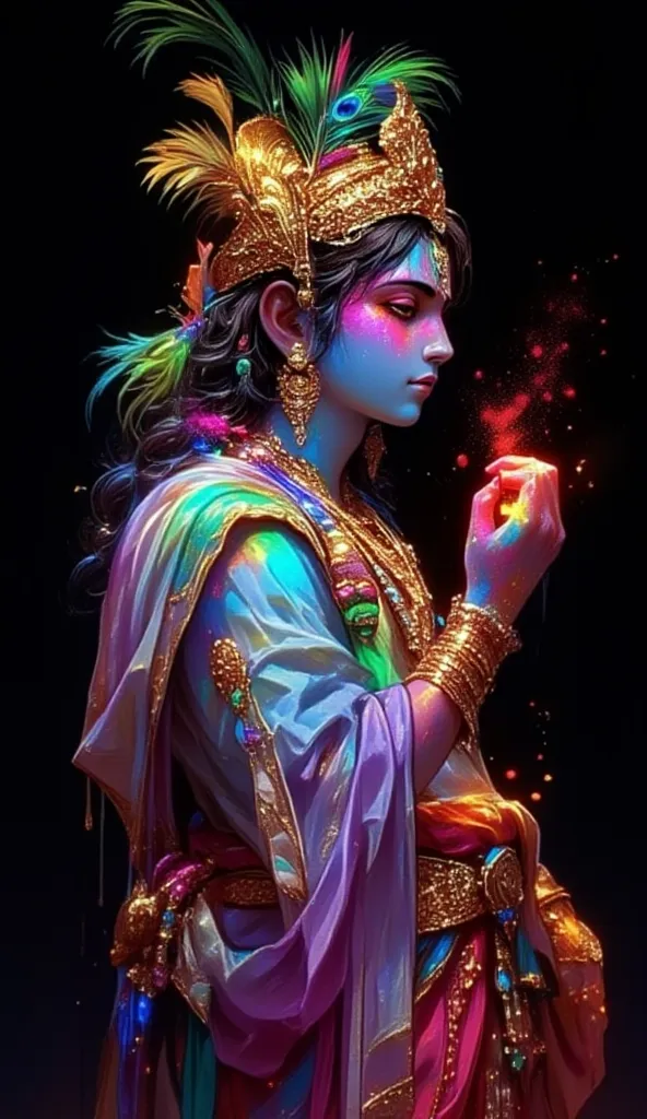 Create an image of Krishna in his divine form, with a gold crown on his head and a peacock feather in the crown, jewelry around his neck, his size appearing very big in a side pose, and he holding Holi color gulaal on his palm which is falling down, light ...