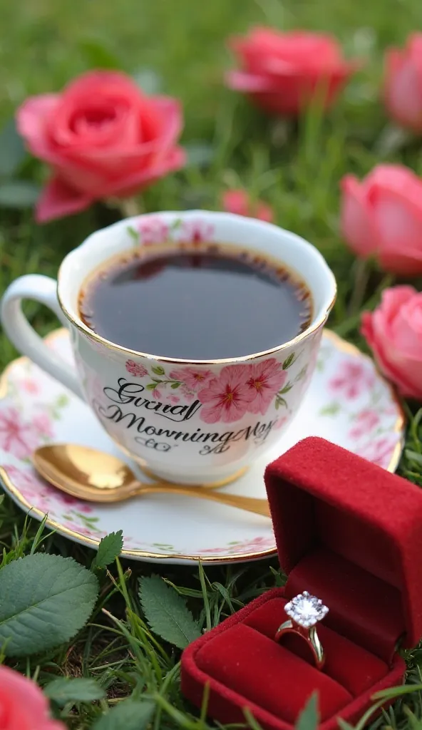 A white porcelain coffee cup filled with black coffee, decorated with pink flowers and the words "Good Morning My Love" in elegant cursive. The cup sits on a matching saucer with golden spoon, surrounded by vibrant pink blossoms and green leaves, against a...