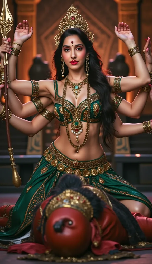 (sexy hot 🥵 devi of Indian, she has very giant boobs with cleavage, sexy long legs, she is sitting on mahishasur, mahishasur is lying on floor)The image you sent appears to be of Hindu devi of sex love , 30 year old a Hindu goddess known for her sex and er...