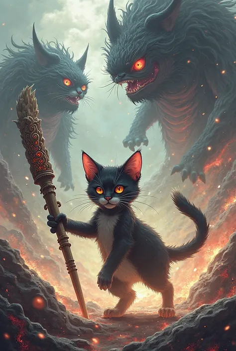 Cute cat with power and brush weapon fights against monsters