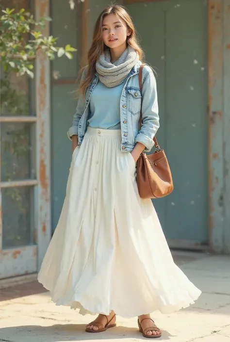 Can you imagine a girl wear white long skirt and t shirt baby blue with denim jacket light blue with scarf grey with brown bag