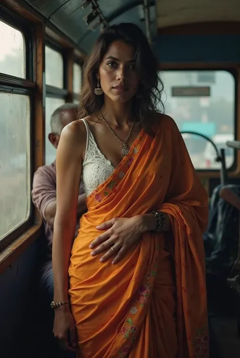 Realistic photo of a Beautiful Indian Woman with white Skin, Wearing a low cut (any colour)saree without blouse navel exposed and is inside a bus and there's a old man behind her,his one hand is holding her waist in dim light