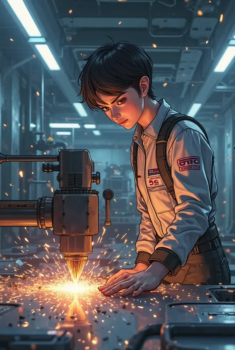 Man working on a laser machine, Cuts metal,  Anime style