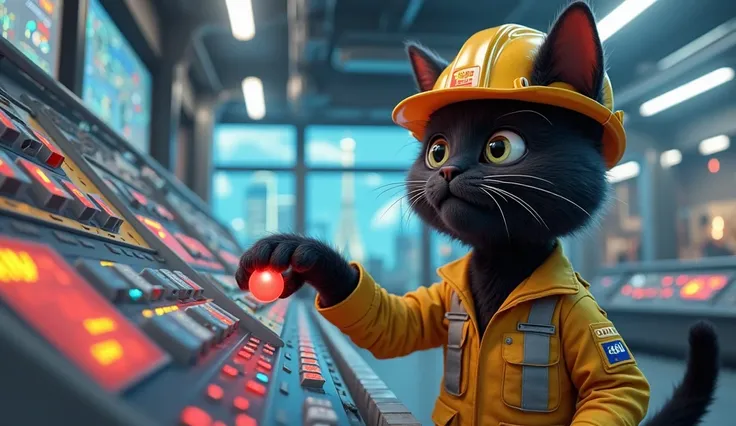 "A detailed 3D-rendered animated scene of an anthropomorphic black cat in a futuristic industrial control room. The cat wears a yellow construction worker outfit with a safety vest and a hard hat, featuring a logo on the front. With a look of excitement an...