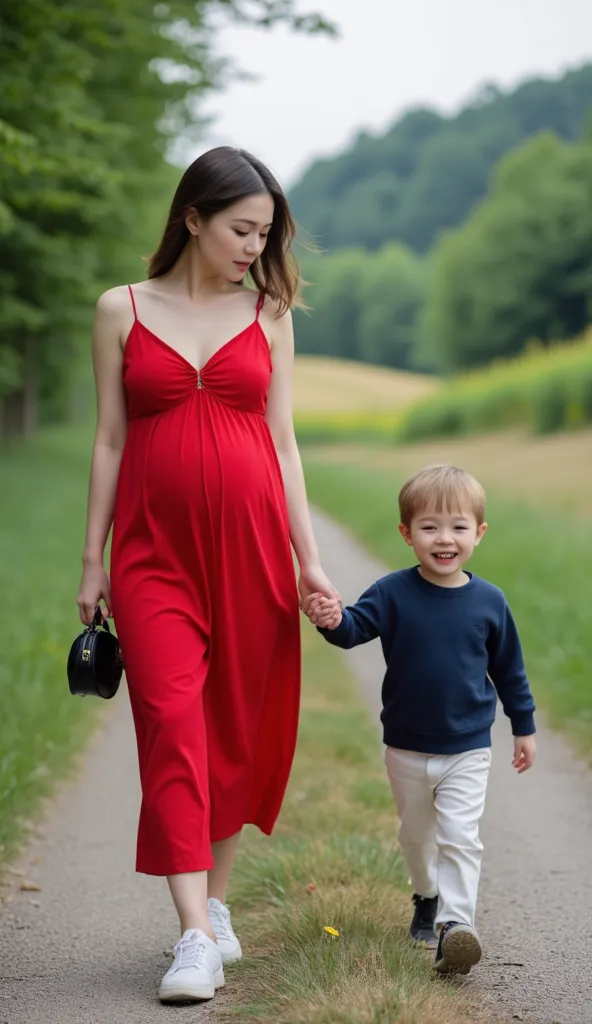 Une femme enceinte, vêtue d’une robe rouge, marche lentement sur un petit sentier de campagne, tenant un petit sac noir à la main . À ses côtés, son jeune fils, un petit garçon vêtu d’un pull bleu et d’un pantalon blanc, avance joyeusement en sautillant. L...