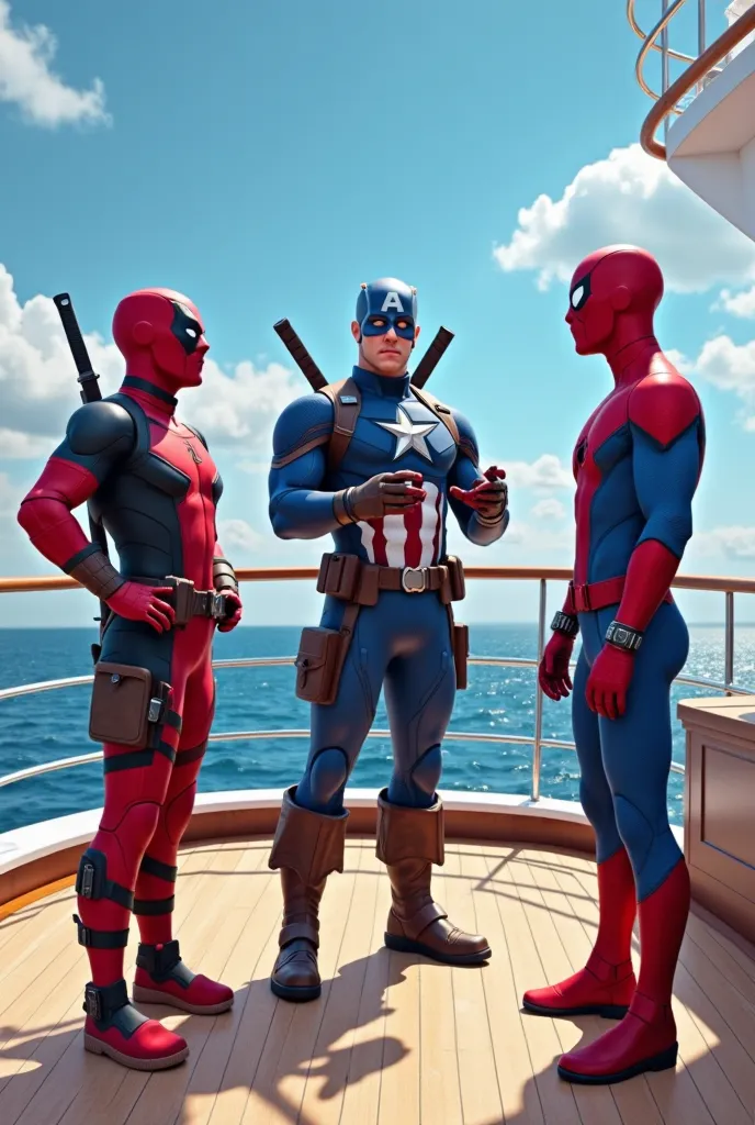 "Create a high-quality cinematic digital artwork featuring Deadpool, Captain America, and Spider-Man standing on the wooden deck of a luxurious yacht in the middle of the ocean. The sky is bright blue with a few scattered clouds. Captain America, wearing h...