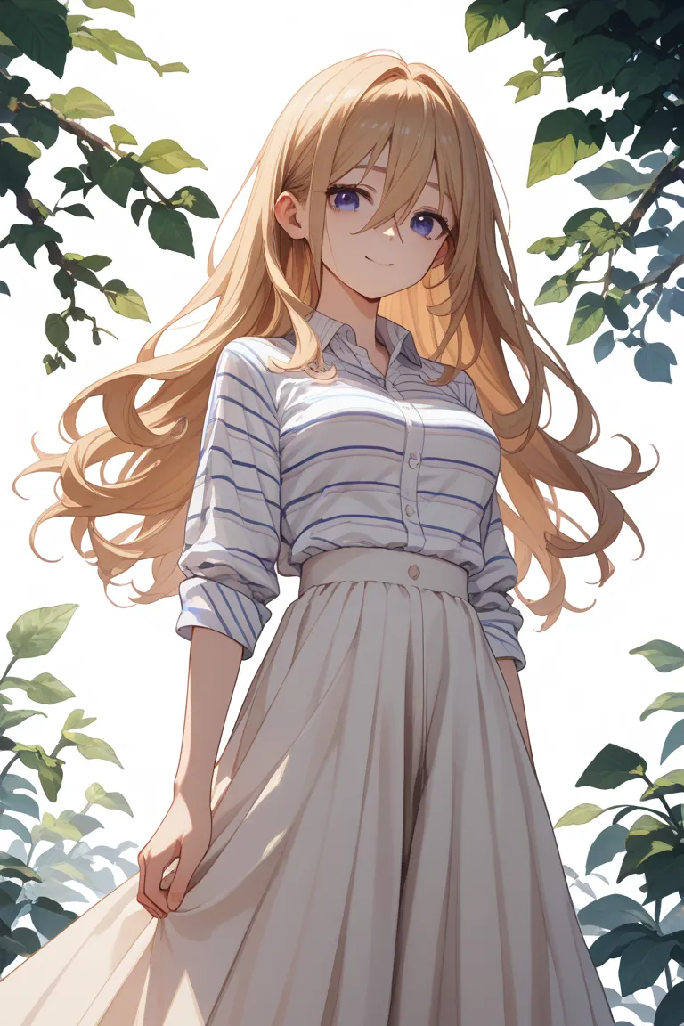 masterpiece, highest quality, Anime style, only one girl, turime, white background, young girl, medium breasts, blond long hair, eye, middle part, dark purple eyes, hairs between eyes, BREAK brown hirt, collared striped shirt, long skirt, from left, lookin...