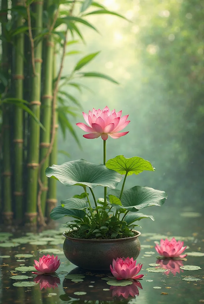 Plug me in 1 flower pot using 5 lotus flowers 1 lotus plant combining bamboo branches with leaves