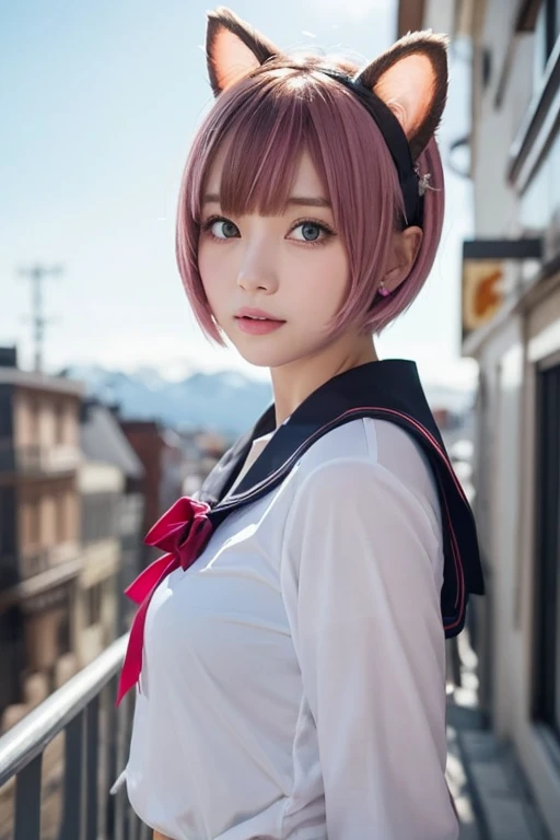 fly real wing,ski style, One Girl , Alone, pink hair, animal ears , blue eyes, Wings, looking , bangs, short hair, bow, sailor color , white sailor color , hair bow, pink bow, Closed Her Mouth , shirt, white shirt, bear ears, bob cut, Mini Wing, portrait, ...