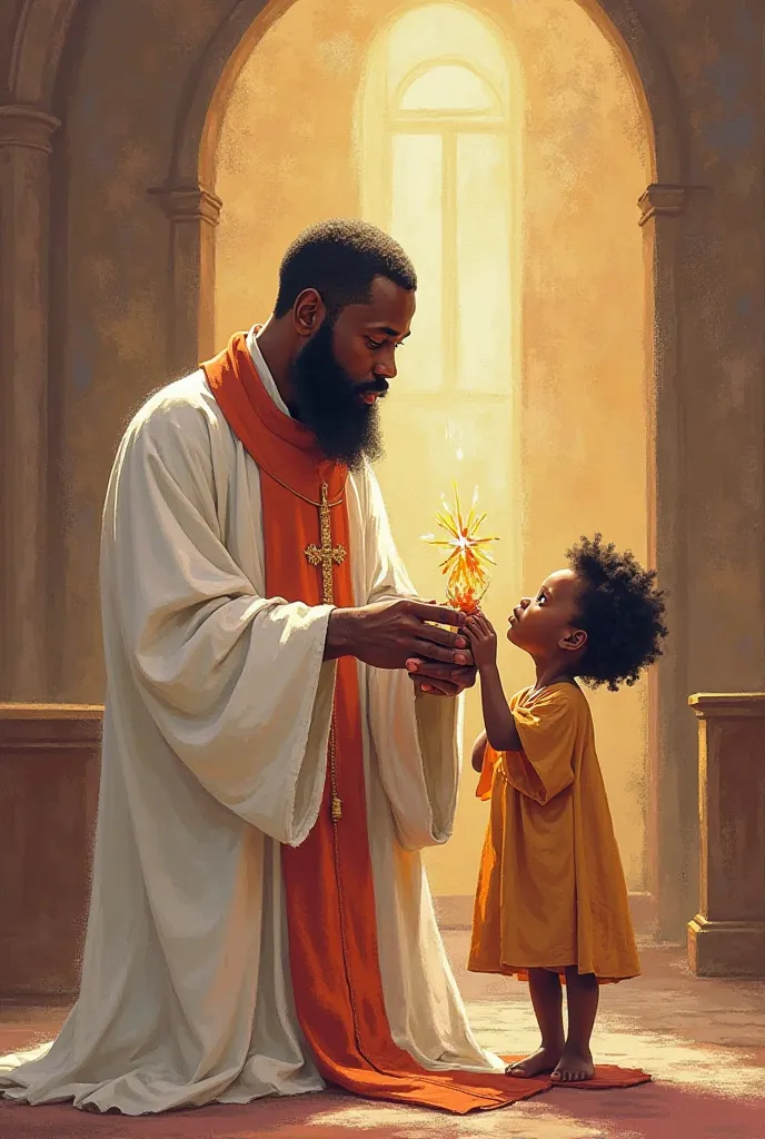 A l'occasion du mois de carême catholique je veux une illustration d'un prête africain et d'un enfant africain avec le prête  qui met de la cendre sur le front de l'enfant et bien visible. 
Avec pour tenu de prêtre l'aube blanche et et tunique violet du te...