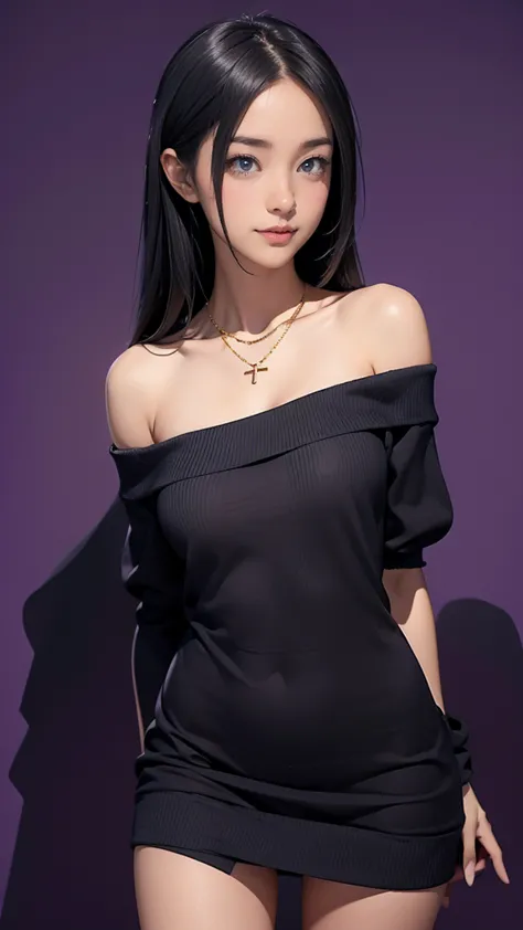 1girl, baby face, Beautiful black straight very very long hair, Staring at viewer with a charming smile, Slender but large breasts, beautiful skin, Off-shoulder knit dress that fits the body, knee high boots, Gold Cross Necklace, anatomically correct, prec...