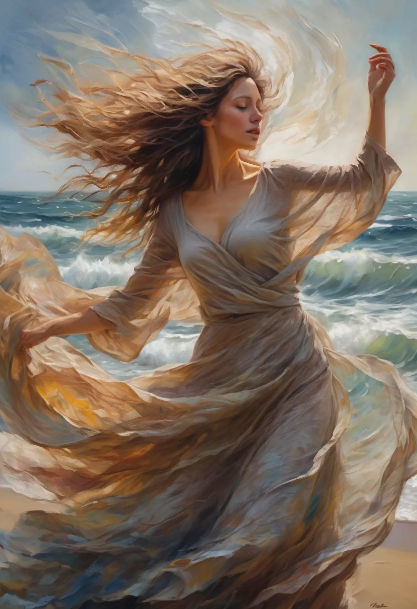 woman in a thick textured oil painting, impasto brush strokes, dry brush strokes, lower layers revealed, a young woman dancing, windy day, flowing hair, sheer veils holding back the wind, soft lighting, dramatic shadows, soft earthy colors, vibrant swirlin...