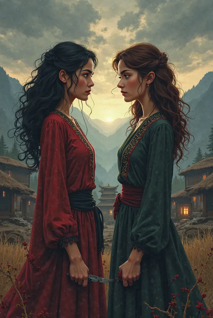 A dramatic book cover illustration showing two young women standing against each other, defying the traditions of an ancient feud in a remote village. Background , with the silhouette of a traditional tribal village with a small beam of light passing throu...