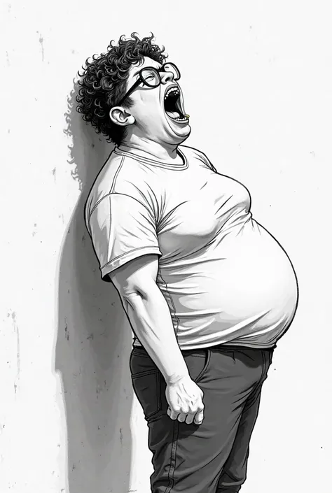 A realistic black and white digital illustration of a transgender man with a slightly overweight physique, shown in profile. He wears casual sportswear, including a binder. His face is round with a soft jawline, and he has shoulder-length curly hair tied u...