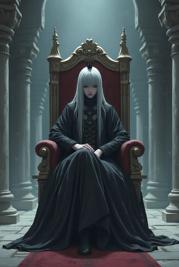 gray long hair, An expressionless face, A figure wearing a small black crown, , Seated and leaning on a throne, Inside a castle with no one 2d anime style